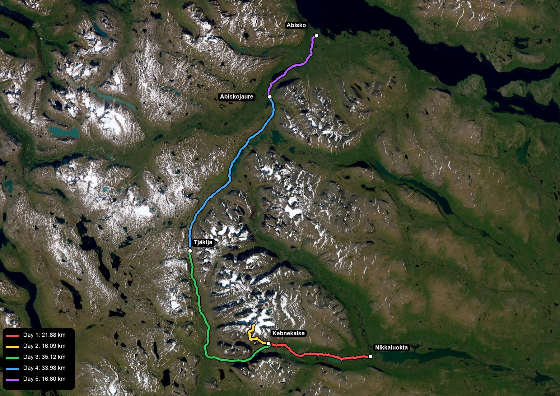 Satellite route preview from Nikkaluokta through Kebnekaise toward Abisko