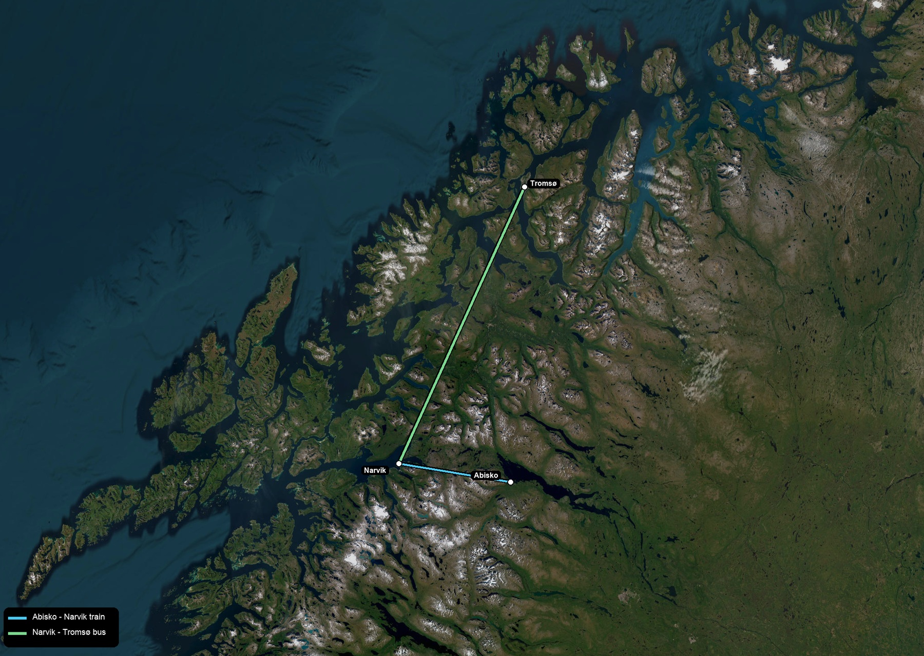 Satellite overview of the transfer from Abisko to Narvik by train and Narvik to Tromsø by bus