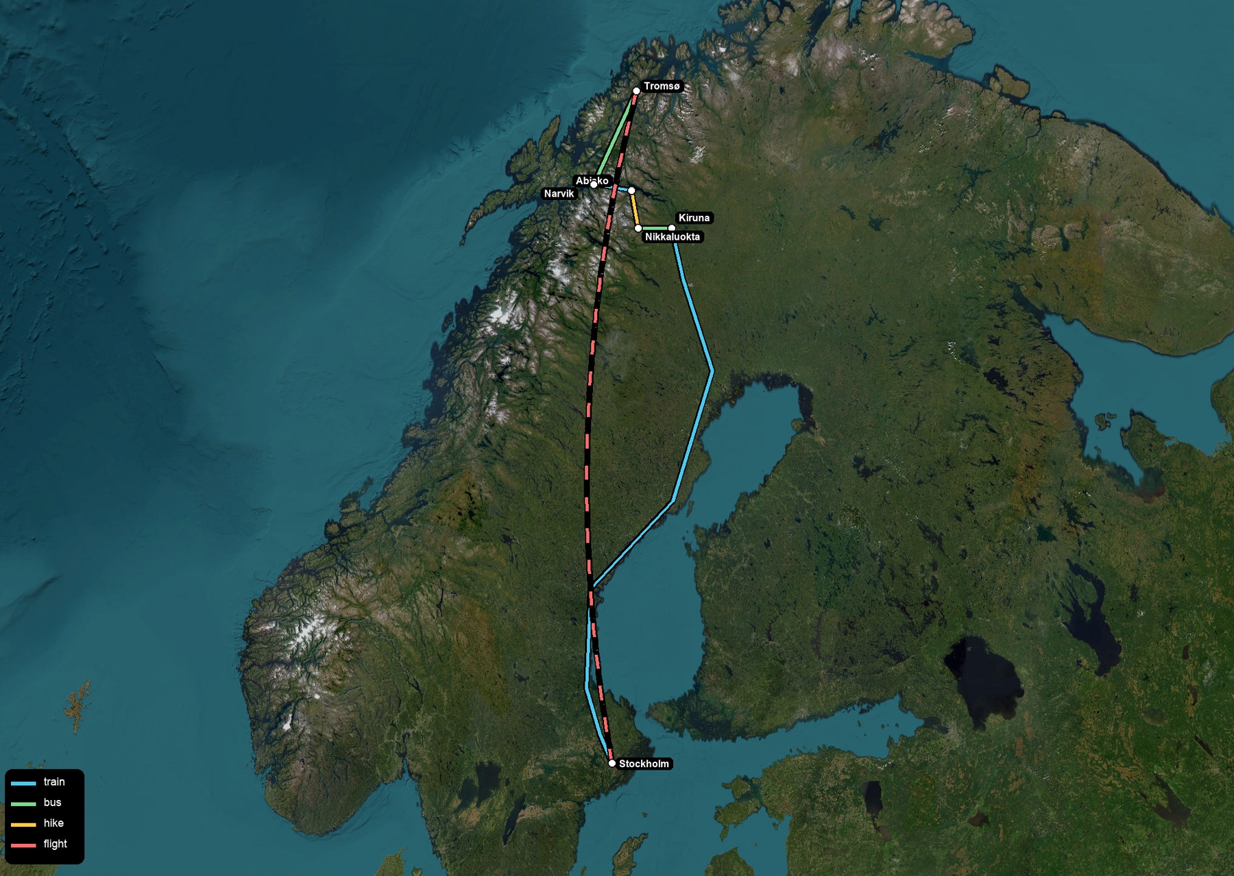 Satellite overview of the trip from Stockholm to Kiruna, Kungsleden, Tromsø, and back to Stockholm