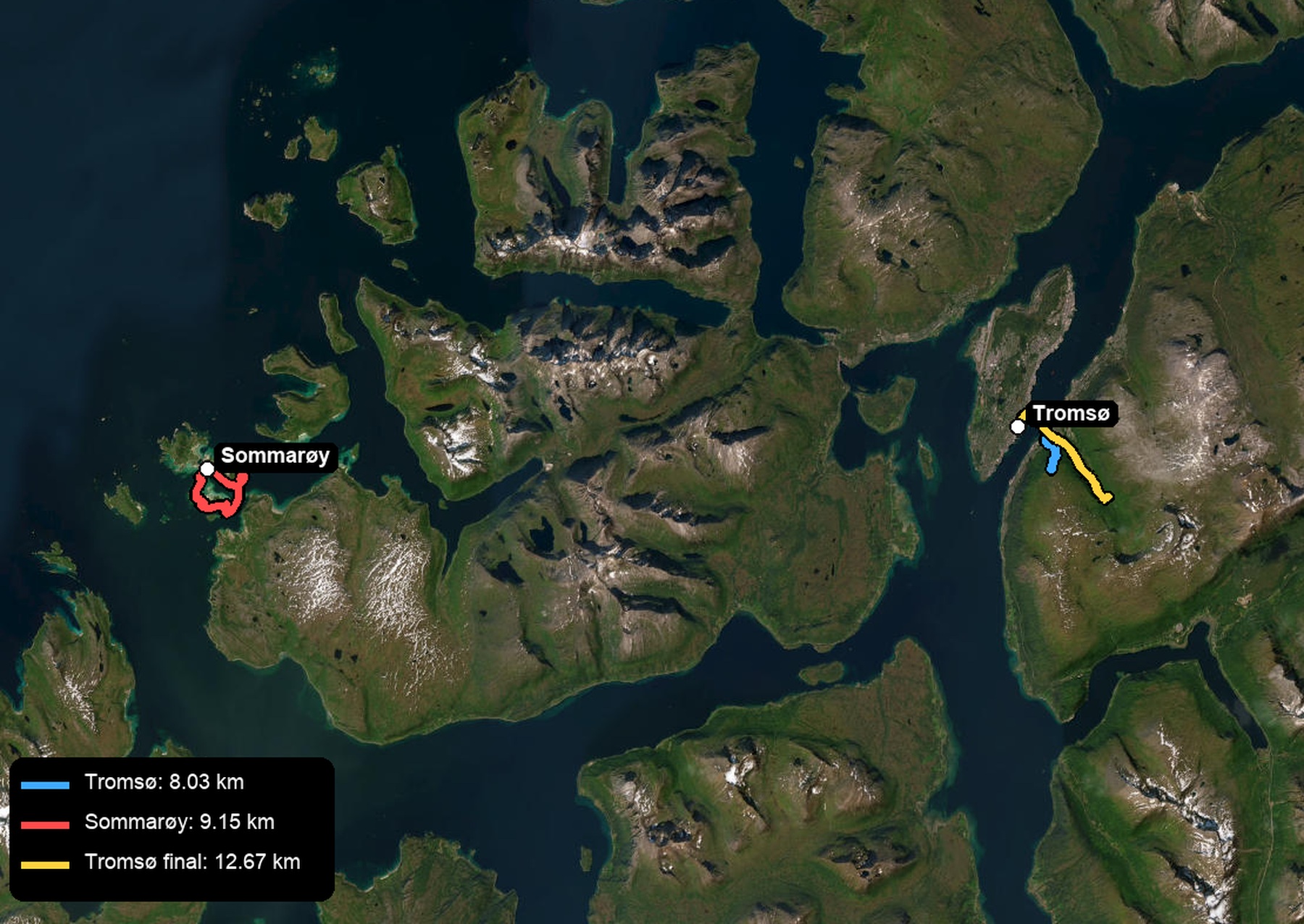 Satellite route preview of recorded activities around Tromsø and Sommarøy